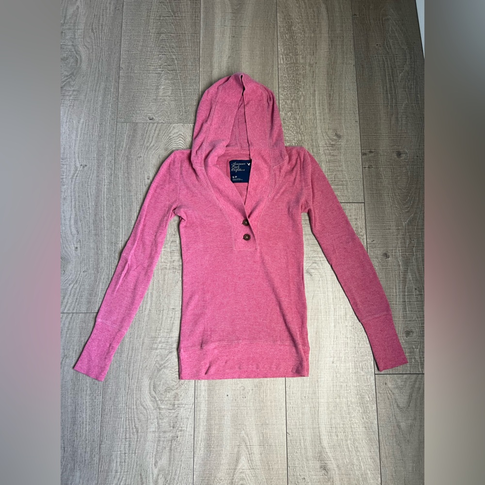 American Eagle Outfitters Hooded V-Neck Waffle Knit Long Sleeve Thermal Top Y2K